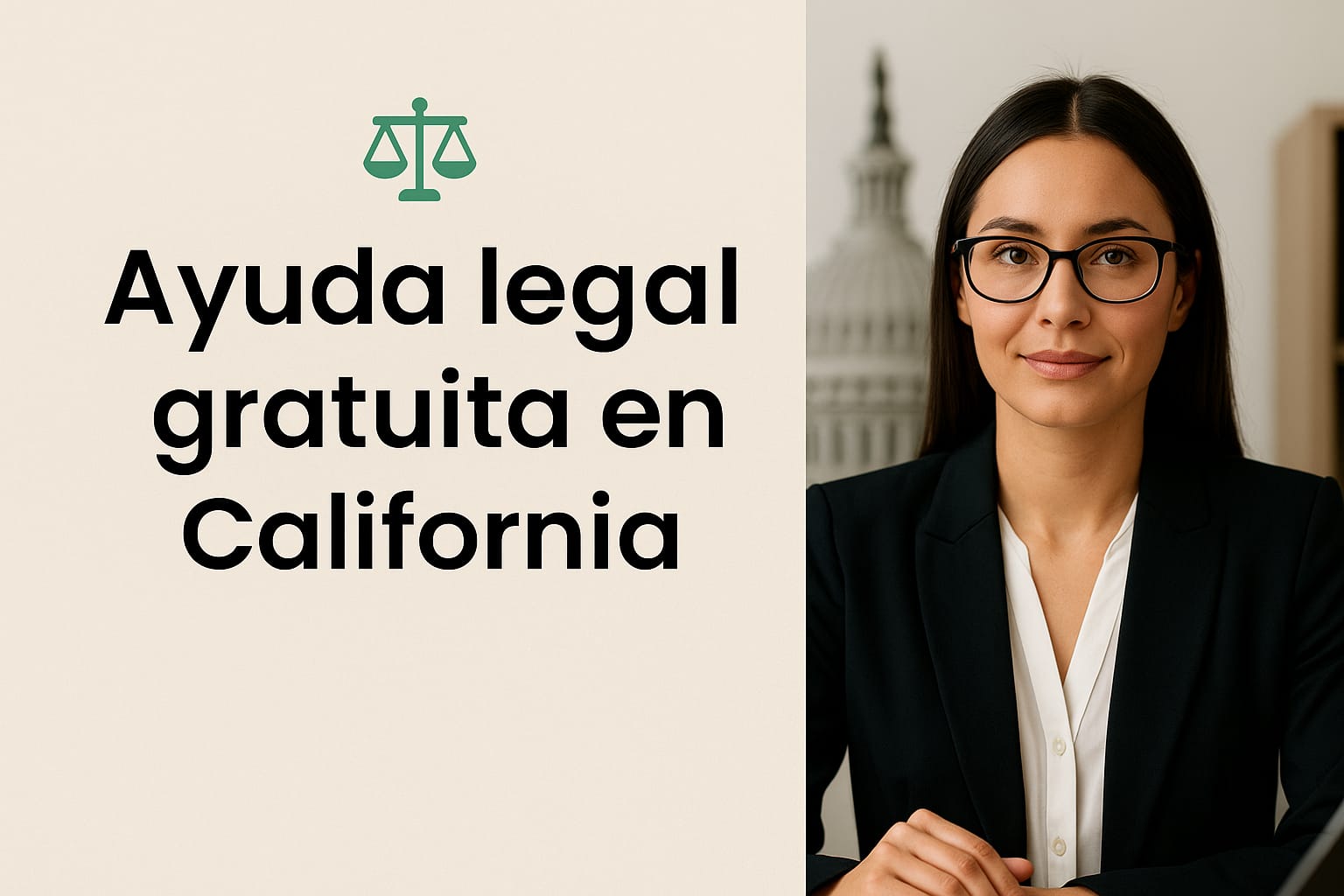 Miniatura de ayuda legal gratuita en California con mujer abogada profesional y fondo institucional