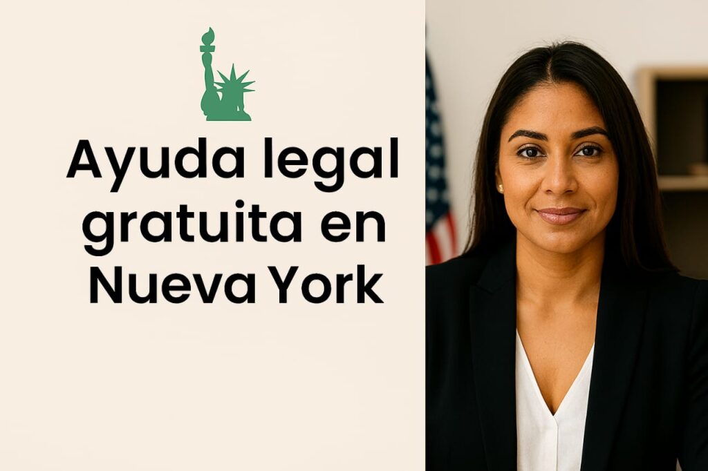 Fotografía de una abogada profesional con texto “Ayuda legal gratuita en Nueva York” sobre franja blanca, ideal para ilustrar asistencia legal en el estado
