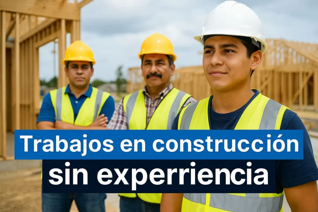 Trabajos en construcción sin experiencia para inmigrantes hispanos en Estados Unidos, imagen real y profesional en obra.