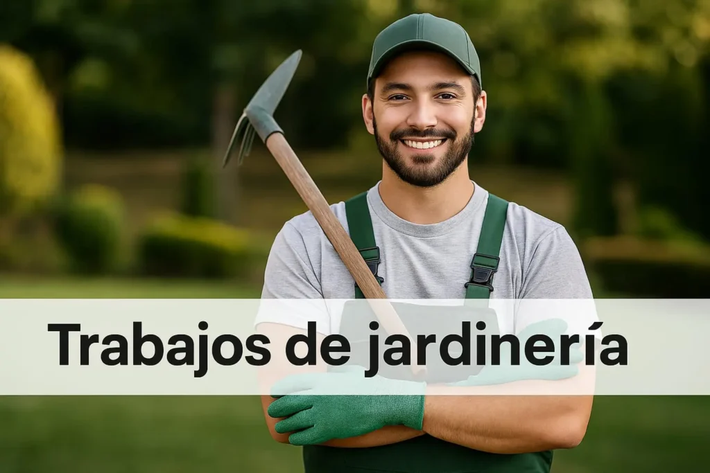 Hombre hispano con uniforme de jardinería posando con herramienta en jardín, representando trabajos de jardinería en Estados Unidos