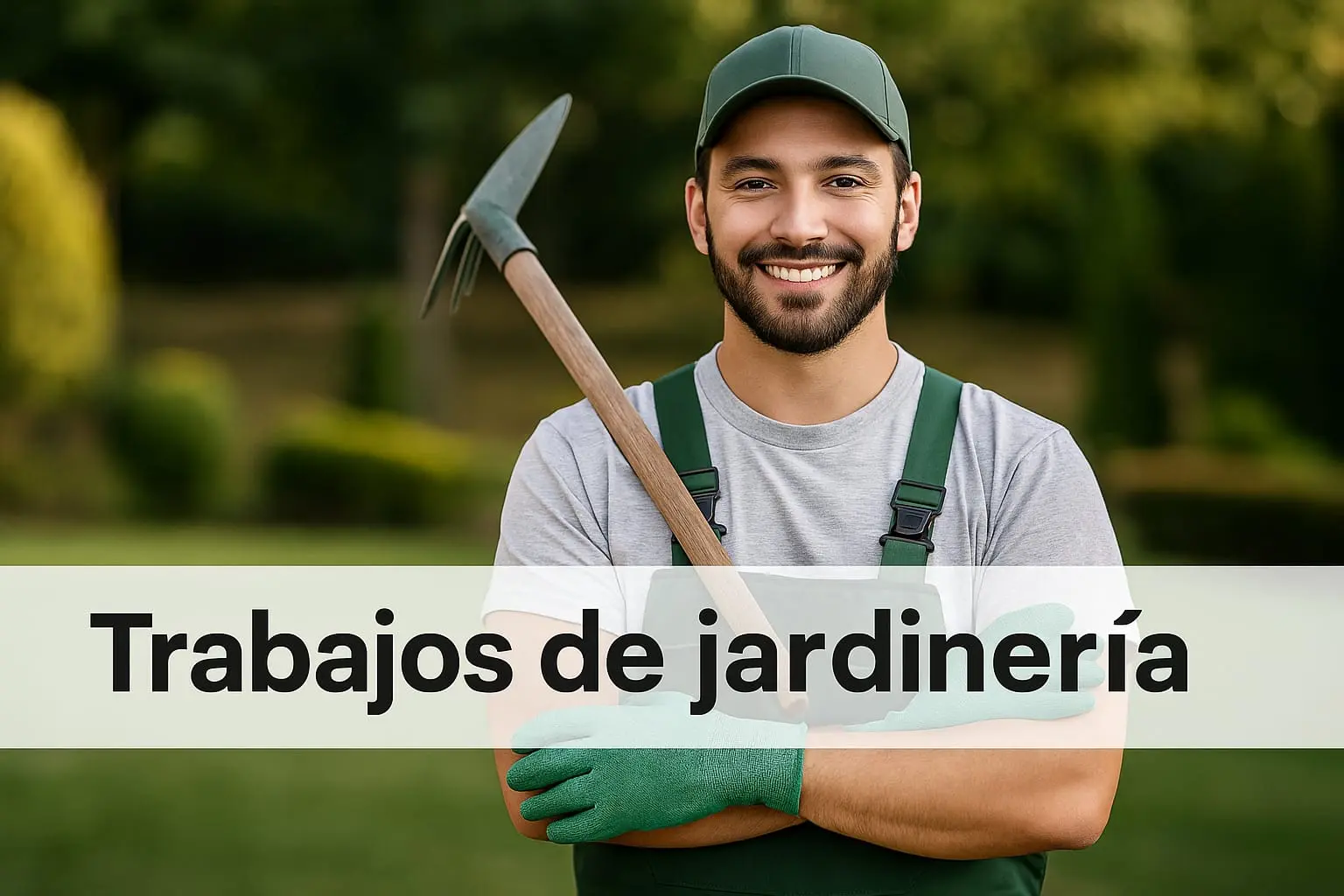 Hombre hispano con uniforme de jardinería posando con herramienta en jardín, representando trabajos de jardinería en Estados Unidos