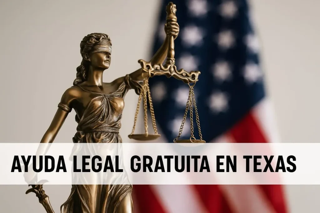 Estatua de la Justicia frente a tribunal en Texas, símbolo de ayuda legal gratuita para personas de bajos recursos