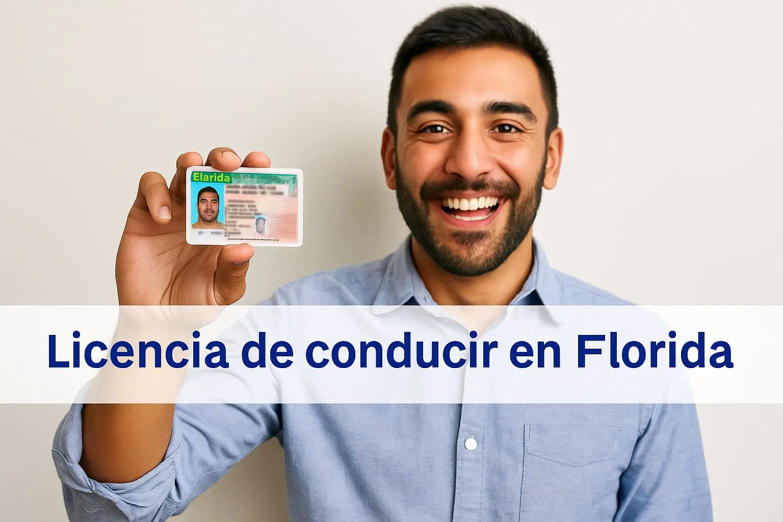 Joven latino sonriente sosteniendo su licencia de conducir en Florida tras obtenerla por primera vez